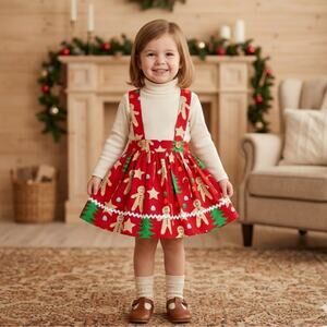 Eleanor Rose Gingerbread Man Pinafore Skirt Dress Christmas Overalls Girls 3/4